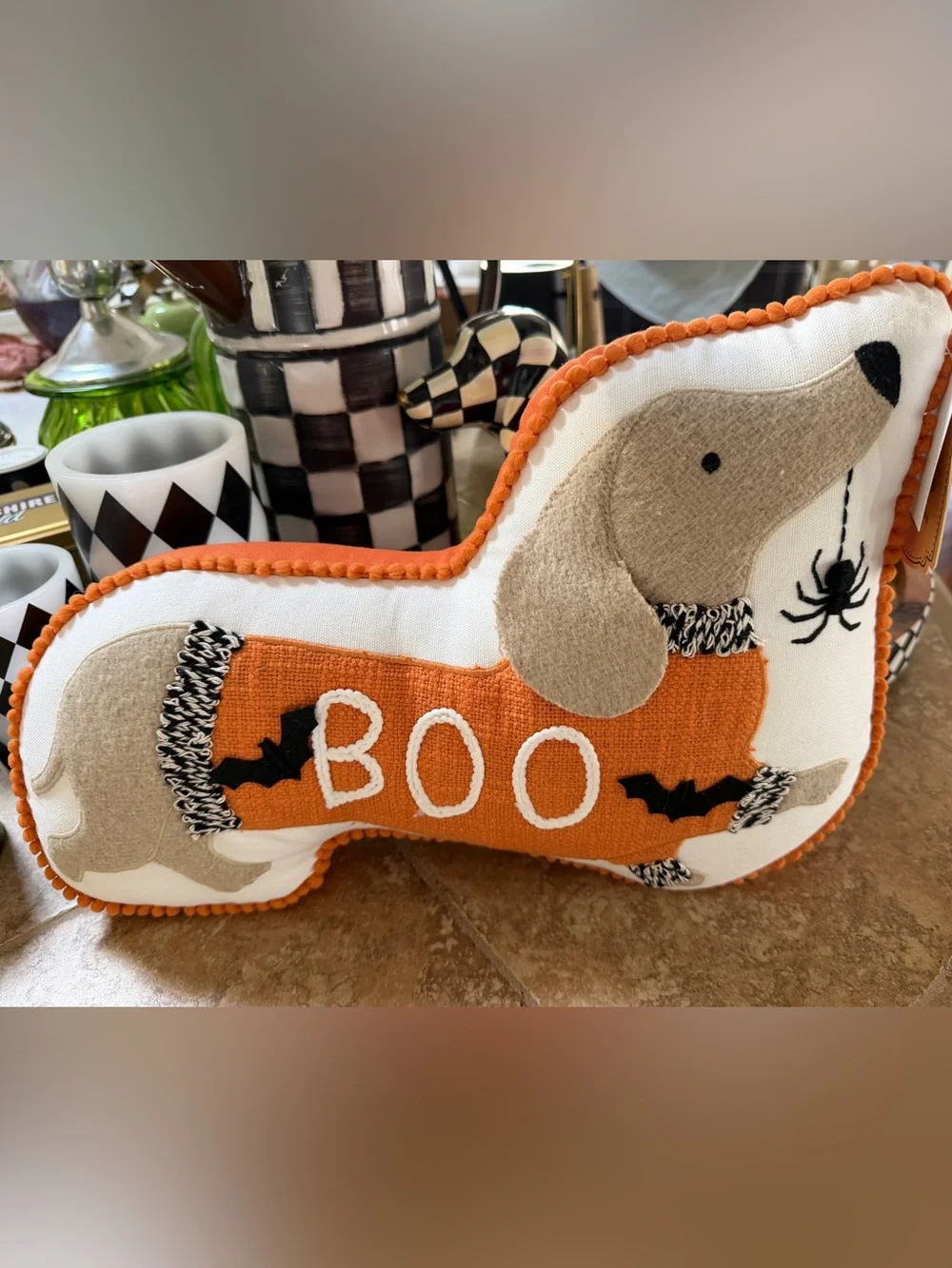 Dachshund Halloween decorative pillow with 3-D designs Spider Bats